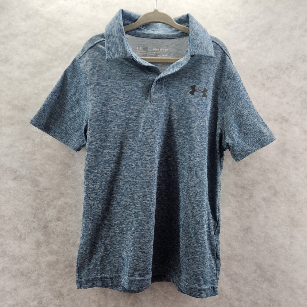 Under Armour Boys‎ Polo Collared Shirt HeatGear Logo Blue Heathered Youth Small